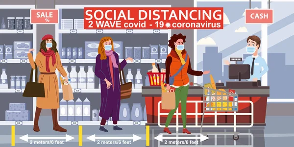 Süpermarket kasiyeri ve tıbbi maskeli alıcılar, yiyecek sepeti ve el arabasıyla. Karantina Coronavirus 2019-nCoV 2 salgın önlemi altında. Çizgi film biçimi — Stok Vektör