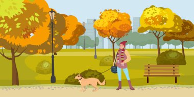 Autumn Park 'lı kadın köpekle yürüyor, sarı turuncu kırmızı ağaçlar, yürüyüş bankı. Sonbahar havasında şehir manzarası. Vektör izole çizimi izole edildi