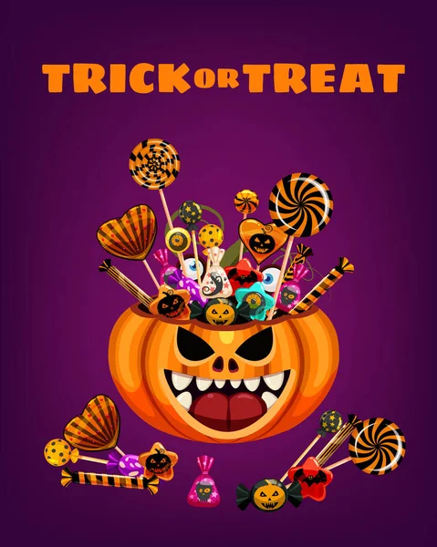 ハロウィントリックやお菓子でいっぱいのカボチャのバッグバスケットを扱う。秋の10月の休日の伝統的なお祝いバナーポスターテンプレート。ベクトル図 — ストックベクタ