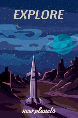 Geçmişe dönük poster, uzay roketi ve yabancı gezegenler, dağ manzarası. Bilim kurgu uzay keşfi, vektör illüstrasyonu izole edildi