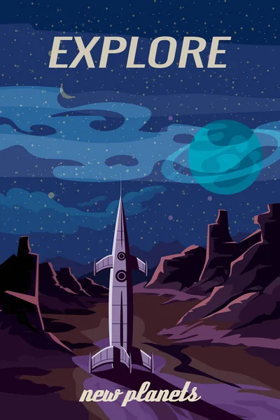 Geçmişe dönük poster, uzay roketi ve yabancı gezegenler, dağ manzarası. Bilim kurgu uzay keşfi, vektör illüstrasyonu izole edildi