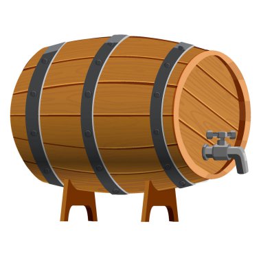 Çizgi film ahşap fıçısı. Şarap, bira ve viski depolamak için meşe kabı. İzole vektör illüstrasyonu