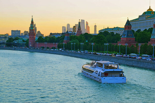 The ship sails on the river