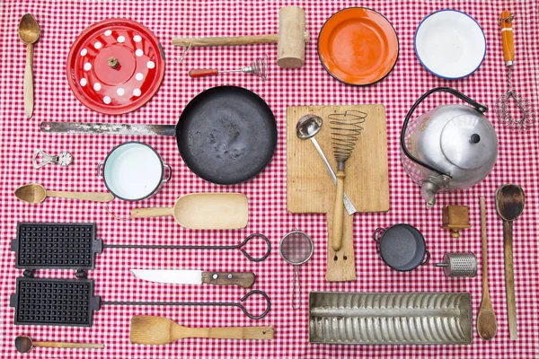 Vintage Kitchen Equipment Diamond Red White Fabric — Stock Photo, Image