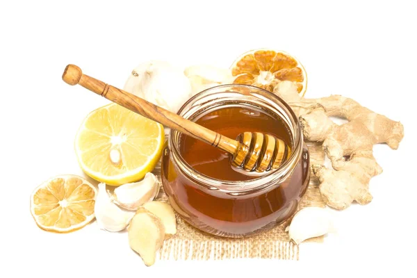 Honig Ingwer Und Zitrone Auf Weißem Hintergrund — Stockfoto