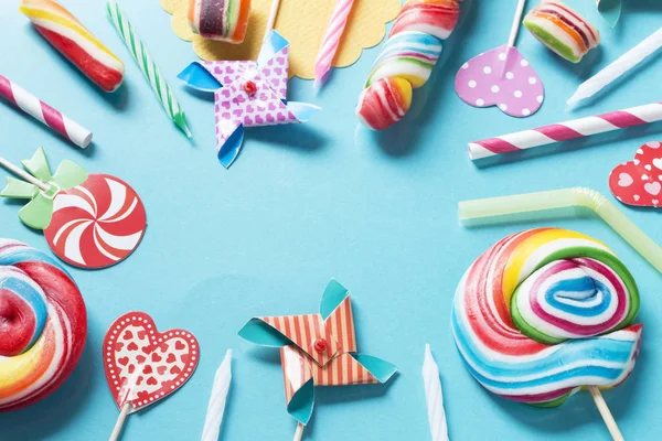 Birthday Candies Accessories Blue Background — Stock Photo, Image