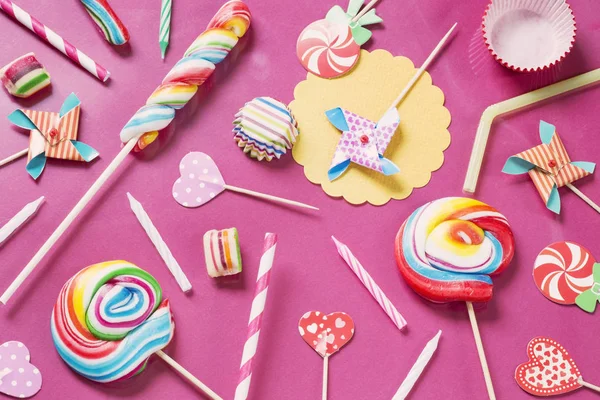 Birthday Candies Accessories Pink Background — Stock Photo, Image