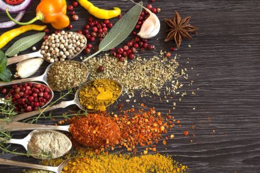 Çeşitli otlar ve baharatlar vintage kaşık içinde