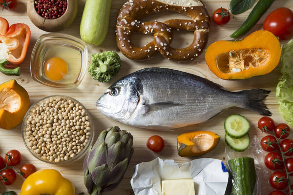 Food ingredients on wooden background
