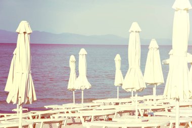 Şemsiyeleri ve şezlongları olan boş bir plaj.