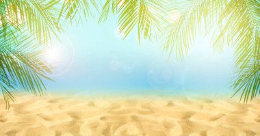 Plaj kumu ve palmiye yapraklarıyla tropikal arka plan