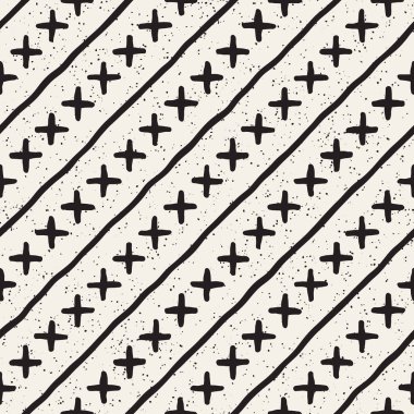 Elle çizilmiş stil etnik seamless modeli. Grungy geometrik şekiller arka plan siyah ve beyaz.