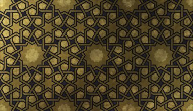 Geleneksel oryantal grafik motiflerle alan arka plan tasarımı. Altın sanatsal doku ile İslam dekoratif desen. Çizgiler ve geometrik kiremitli süsler titreşim ile Arap etnik mozaik.