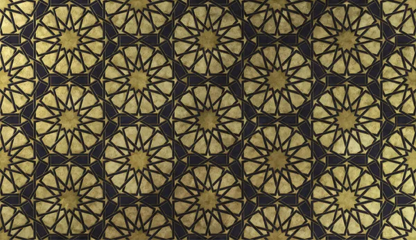 Background design based on traditional oriental graphic motifs. Islamic decorative pattern with golden artistic texture. Arabian ethnic mosaic with interlacing lines and geometric tiled ornaments.