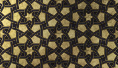 Background design based on traditional oriental graphic motifs. Islamic decorative pattern with golden artistic texture. Arabian ethnic mosaic with interlacing lines and geometric tiled ornaments.