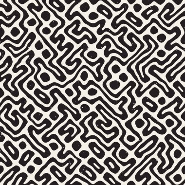 Vektör sorunsuz siyah ve beyaz düzensiz labirent desen yuvarlanır. Arka plan soyut el çekilmiş