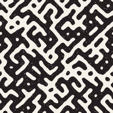 Vektör sorunsuz siyah ve beyaz düzensiz labirent desen yuvarlanır. Arka plan soyut el çekilmiş