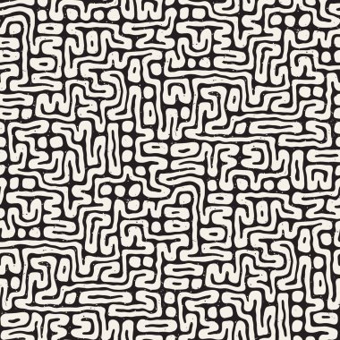 Vektör sorunsuz siyah ve beyaz düzensiz labirent desen yuvarlanır. Arka plan soyut el çekilmiş