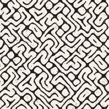 Vektör sorunsuz siyah ve beyaz düzensiz labirent desen yuvarlanır. Arka plan soyut el çekilmiş