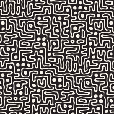 Vektör sorunsuz siyah ve beyaz düzensiz labirent desen yuvarlanır. Arka plan soyut el çekilmiş