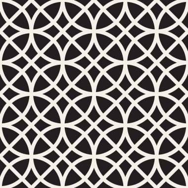 Vektör seamless modeli. Arka plan yinelenen. Siyah ve beyaz geometrik kafes tasarım. İnce süsleme fayans hatları yuvarlak. Modern şık doku.