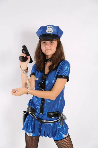 Female police isolated on the white gun — Stock Photo, Image