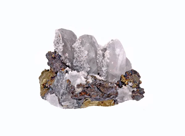 石英晶体 锌混纺和美丽的黄铜矿 — 图库照片