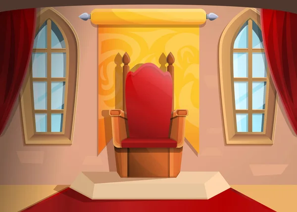 Salón medieval trono real en estilo de dibujos animados, ilustración vectorial — Vector de stock