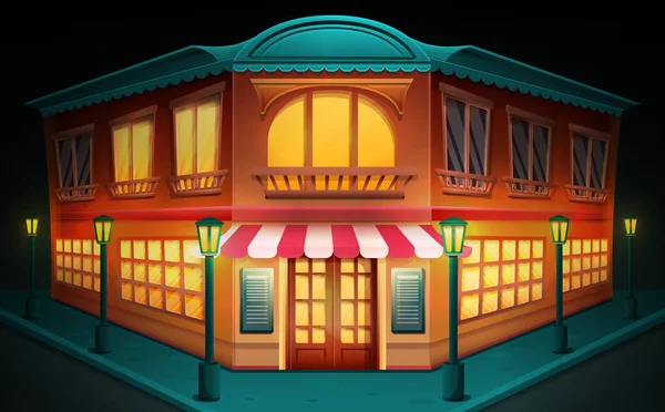 Geceleri bir restoran ile bina karikatür, illüstrasyon vektör