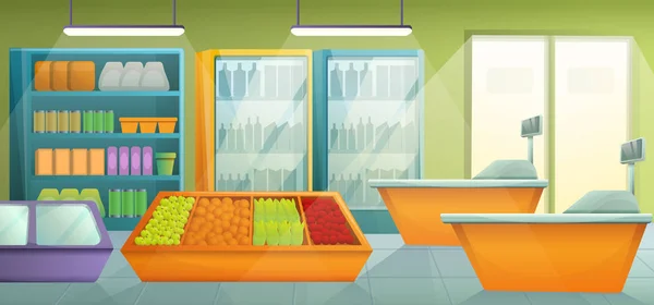 Cartoon Supermarkt mit Möbeln und Produkten, Vektor Illustration — Stockvektor