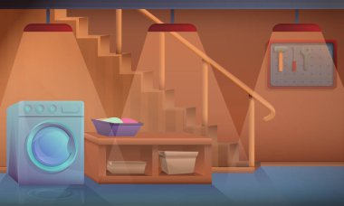 Çamaşır makinesi ile karikatür Bodrum ev, vektör illüstrasyon