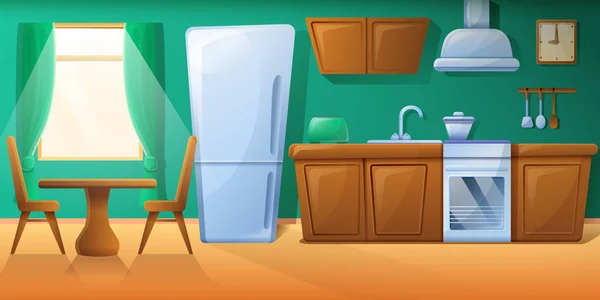 Acogedora cocina de dibujos animados con muebles de cocina, ilustración vectorial — Vector de stock