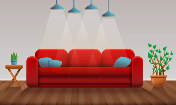 Quarto de desenho animado interior com sofá vermelho e parquet, vetor illustra — Vetor de Stock