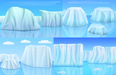 denizde karikatür buzul afiş seti, vektör illüstrasyon