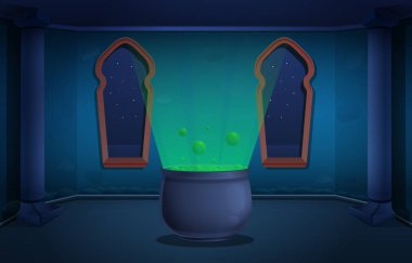 Bir kazan zekâ ile büyücü kalesi Karikatür sihirli kule