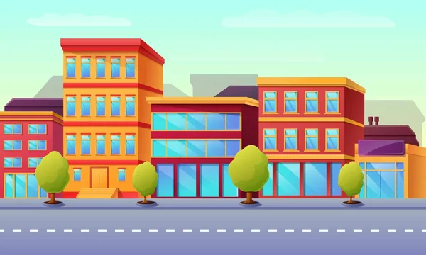 Dessin animé rue de la ville vide avec des bâtiments le matin, vecteur — Image vectorielle