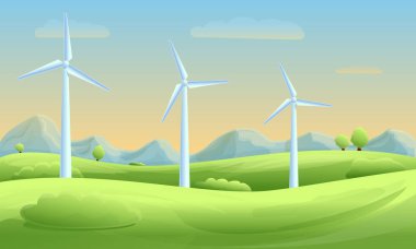 Gün batımında yel değirmenleriyle karikatür doğa manzarası, vektör illüstrasyon