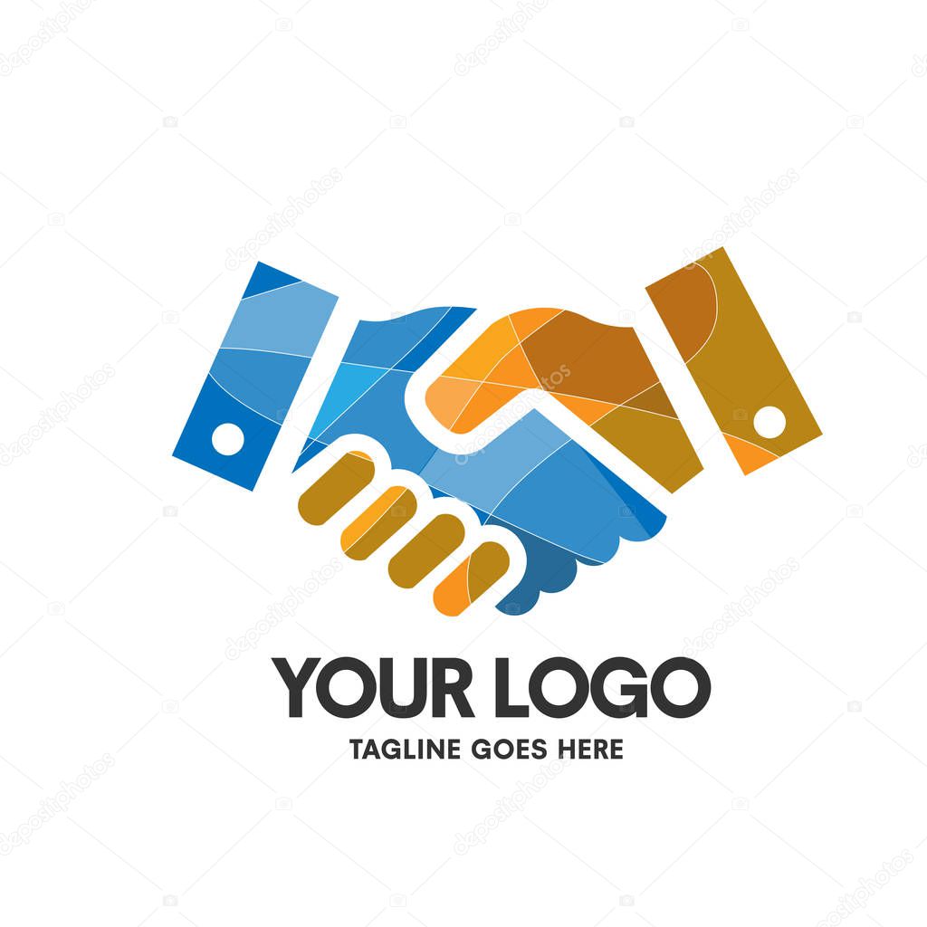 Creative hand shaking colorful company symbol design concept