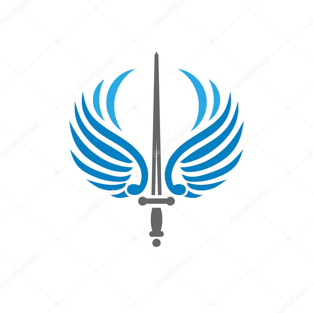 Creative sword with bird wings, battle and security metaphor logo vector concept