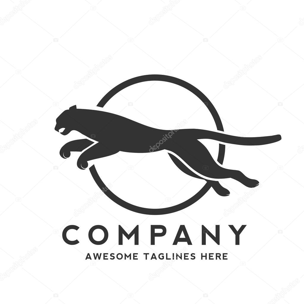 Silhouette of panther jump with circle background logo vector