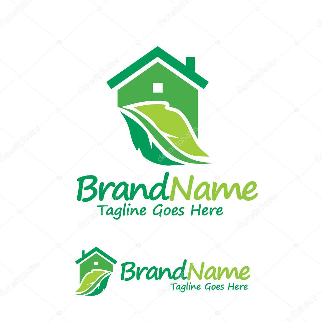 Creative house and green leaf logo design concept element