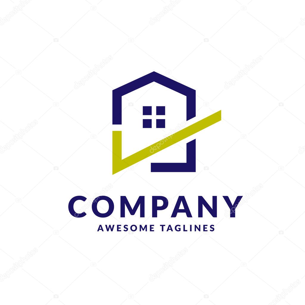 Creative simple linear house and check mark logo vector