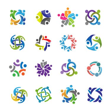Renkli topluluk logosu seti için insan karakteri. Soyut adam rakam logosu. İnsanlar logosu. dostluk simgesi. İnsanlar simgesi. takım çalışması simgesi.