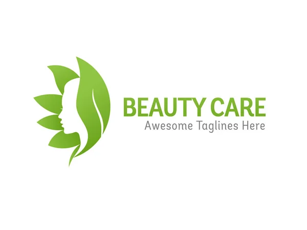 Nature Beauty Care Logo Design Beauty Face Green Leaf Logo — Stock Vector