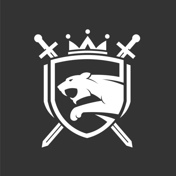 Κεφάλι Τίγρη Δύο Σταυρωτά Σπαθιά Ασπίδα Λογότυπο Στέμμα Για Χρήσεις — Διανυσματικό Αρχείο