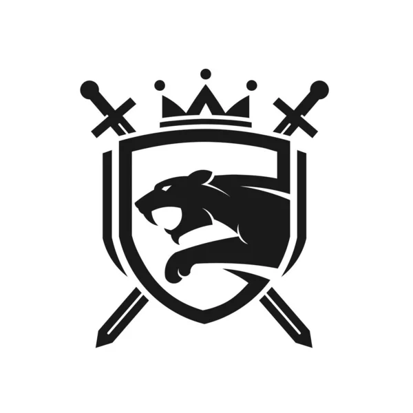 Κεφάλι Τίγρη Δύο Σταυρωτά Σπαθιά Ασπίδα Λογότυπο Στέμμα Για Χρήσεις — Διανυσματικό Αρχείο