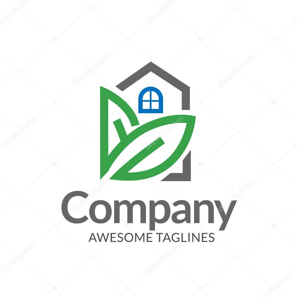 Creative simple Green house logo vector. green leaf and house logo illustration,Ecology Friendly green house vector