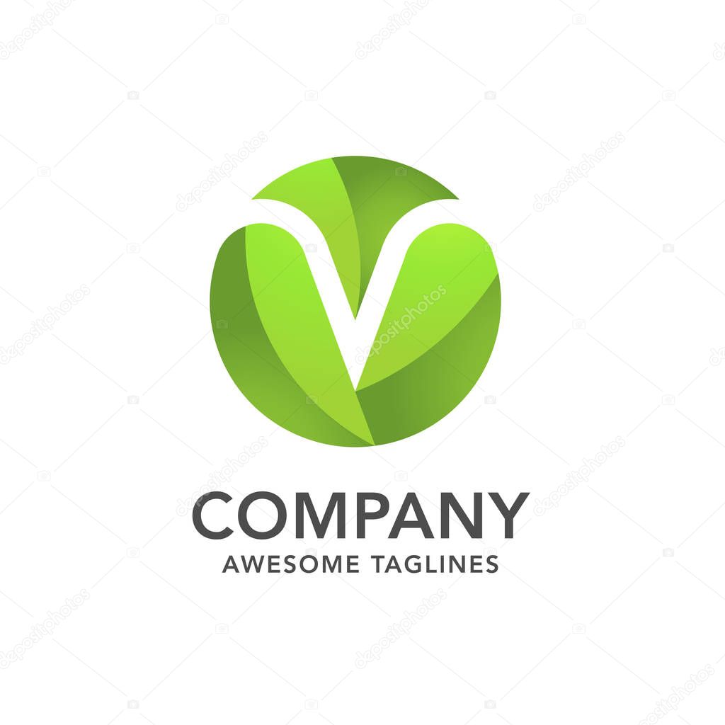 Circle green leaf with hidden letter v logo vector concept, creative initial letter v with leaf logo vector