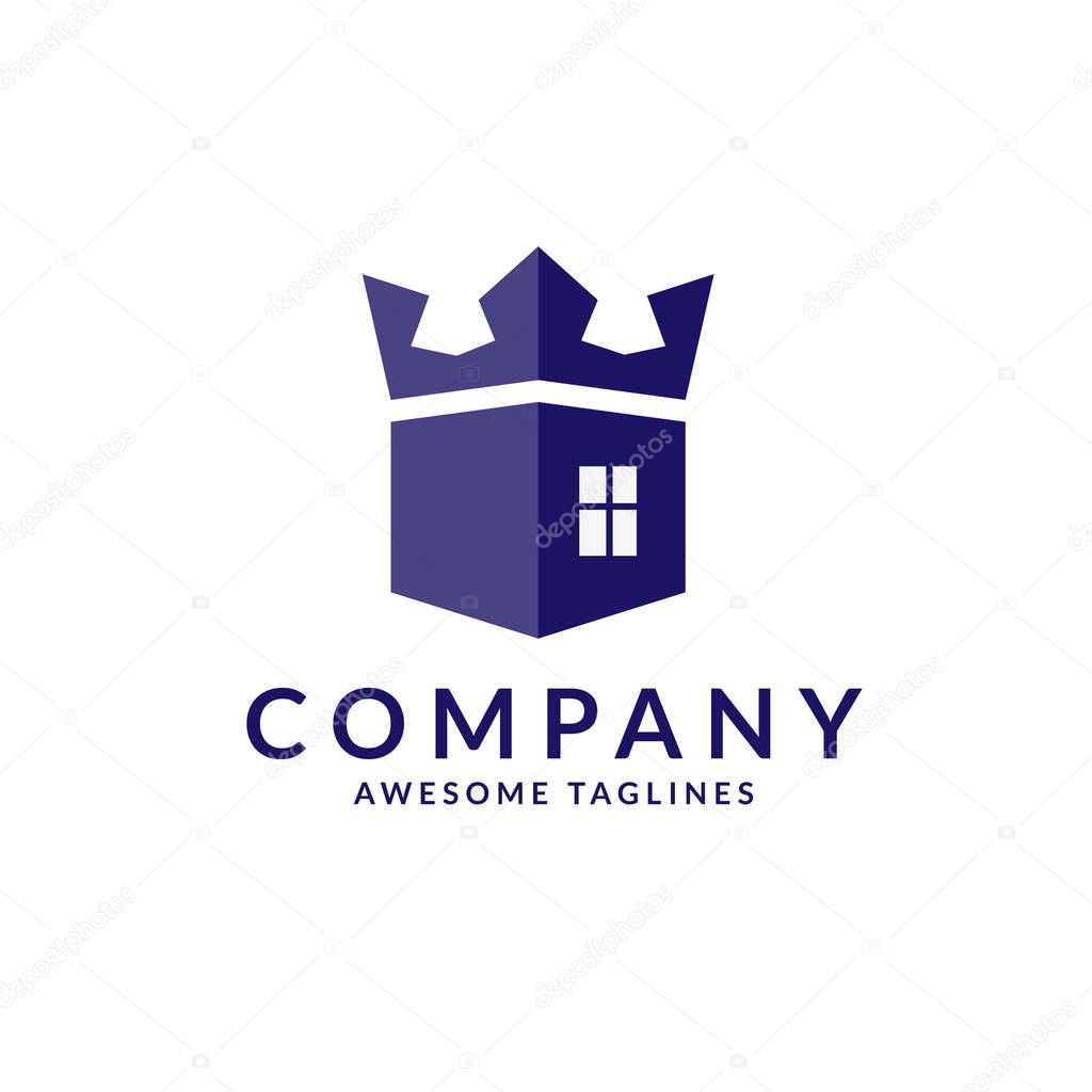 Royal house logo with house image as the center part of a crown, Crown house logo design, Luxurious mansion with a crown symbol