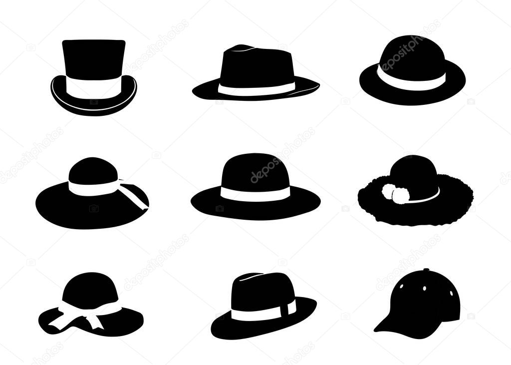 Collection of hat silhouette Flat vector icon illustration
